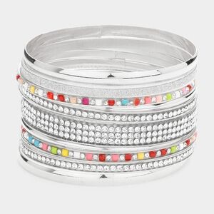 Silver 12 Piece Stack Metal Bangle Bracelets Set Mixed Layered Stone